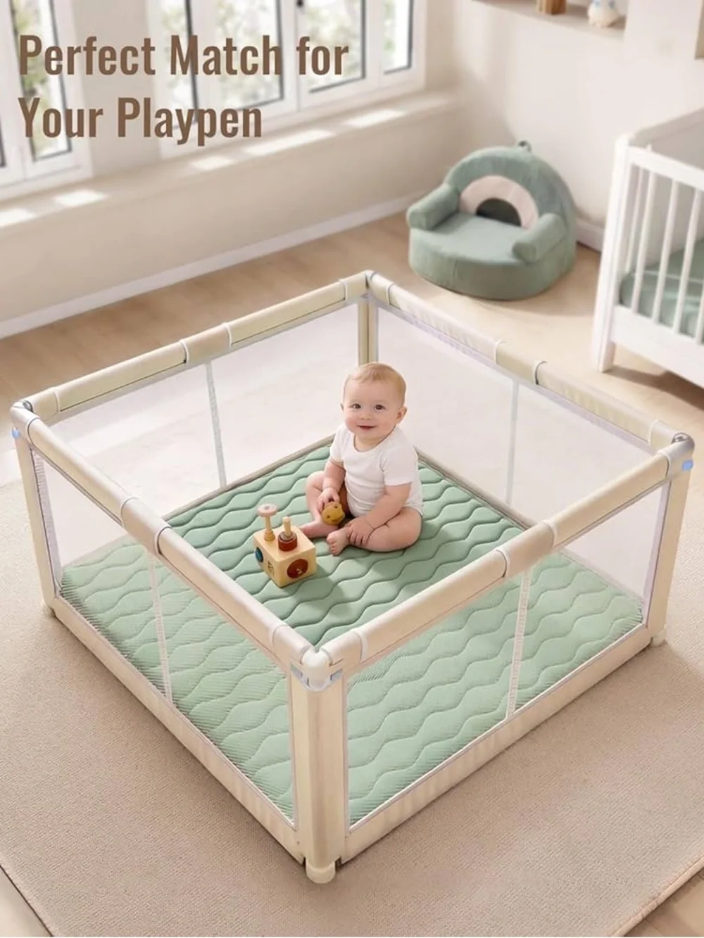 Blissful Diary Sage Baby Padded Play Mat for Floor, 50x50 Playpen Tummy Time Mat